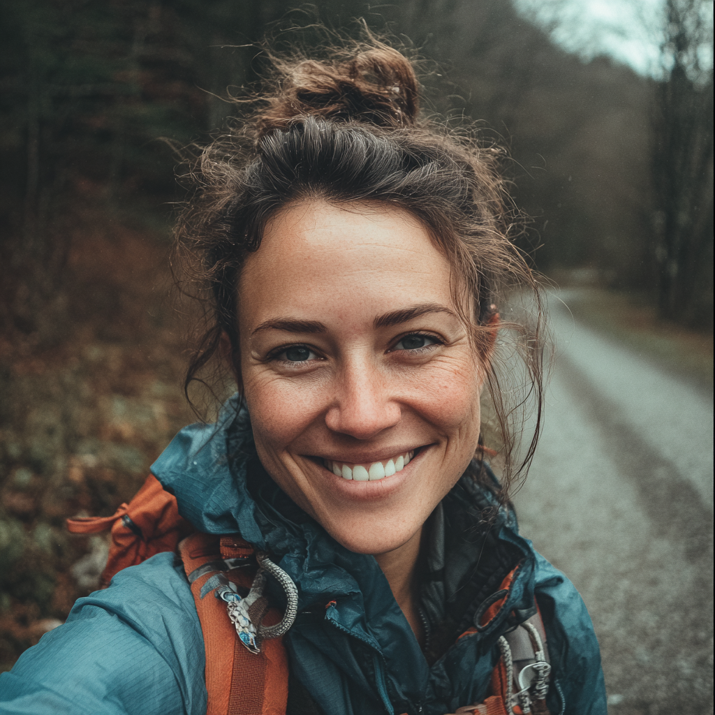 A smiling woman on a hiking trail | Source: no source