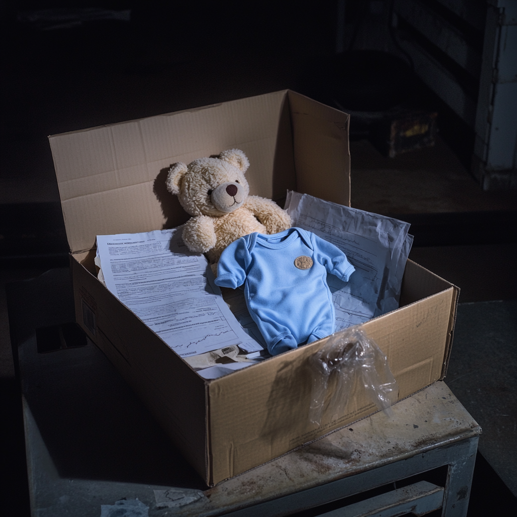 A box of baby items in a garage | Source: no source
