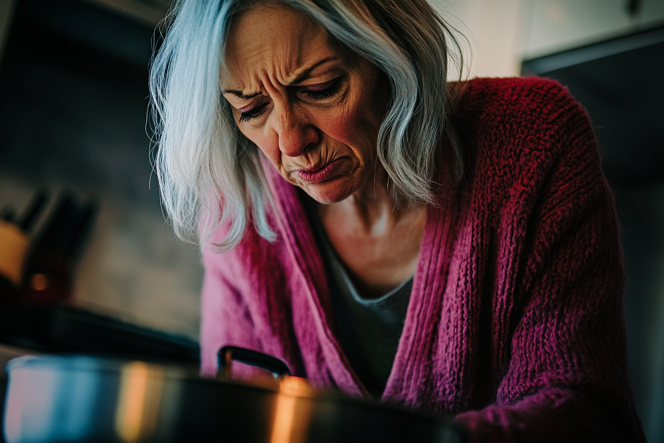 Woman in her 50s looking down at a pot on the stove in the kitchen with disgust | Source: No source