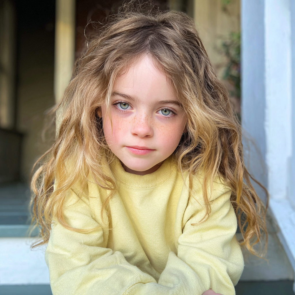 A little girl sitting on a porch step | Source: no source