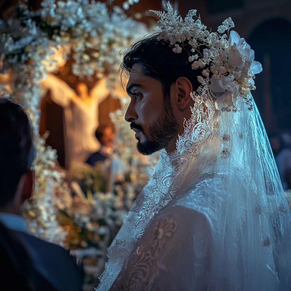 A man dressed as the bride standing at the altar | Source: No source
