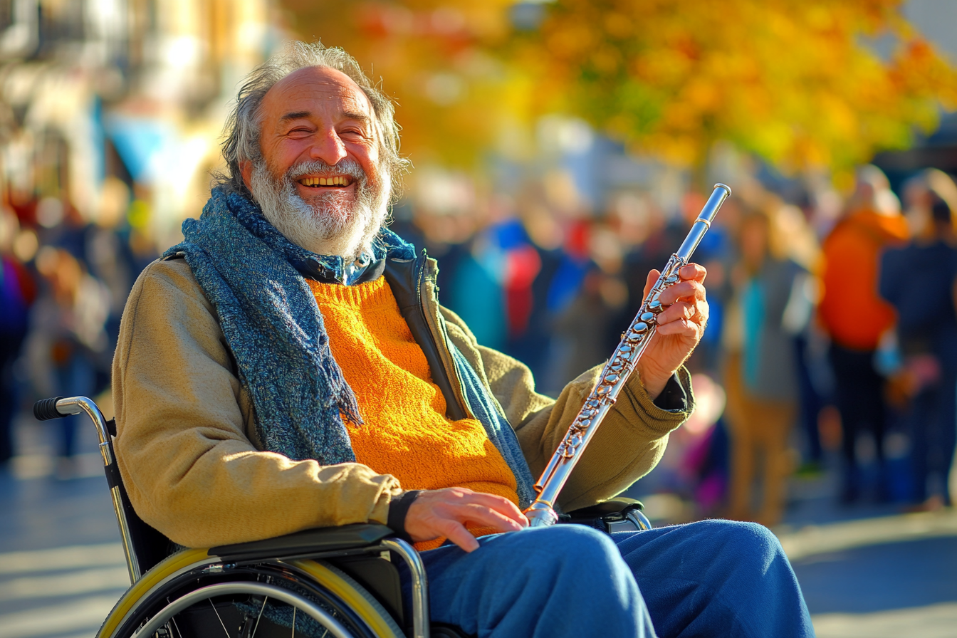 A homeless man in a wheelchair holding a flute | Source: No source