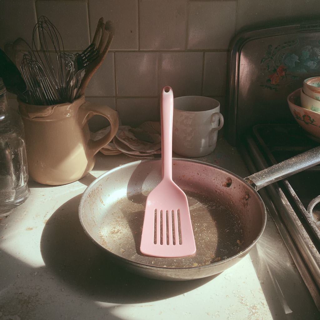 A pink spatula in a pan | Source: No source
