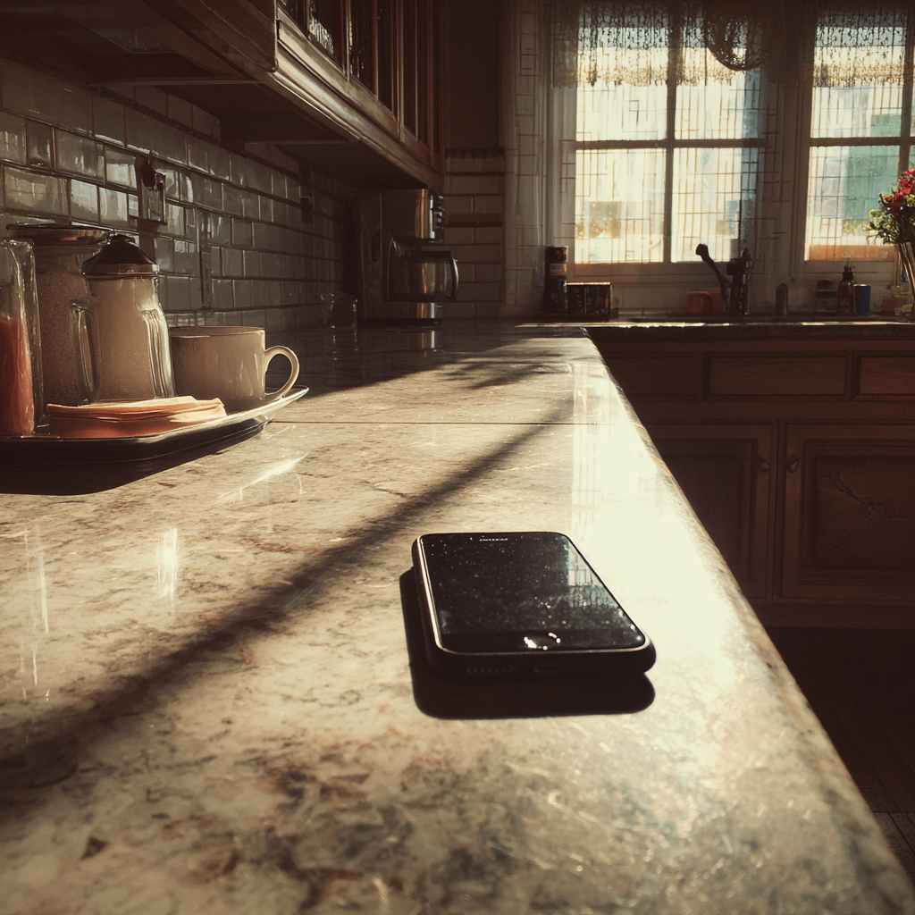 A cellphone on a kitchen counter | Source: no source