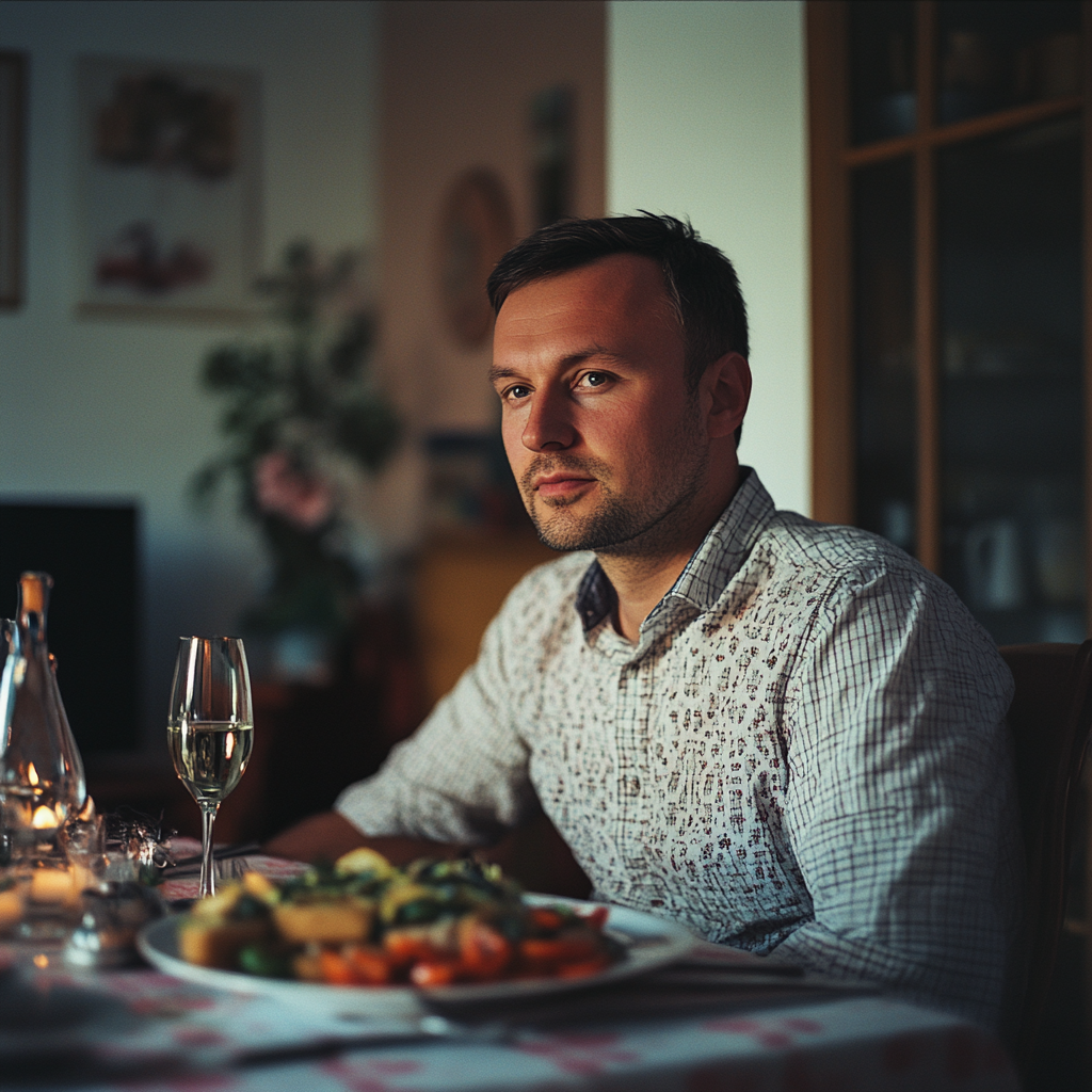 A serious man at a festive table | Source: no source