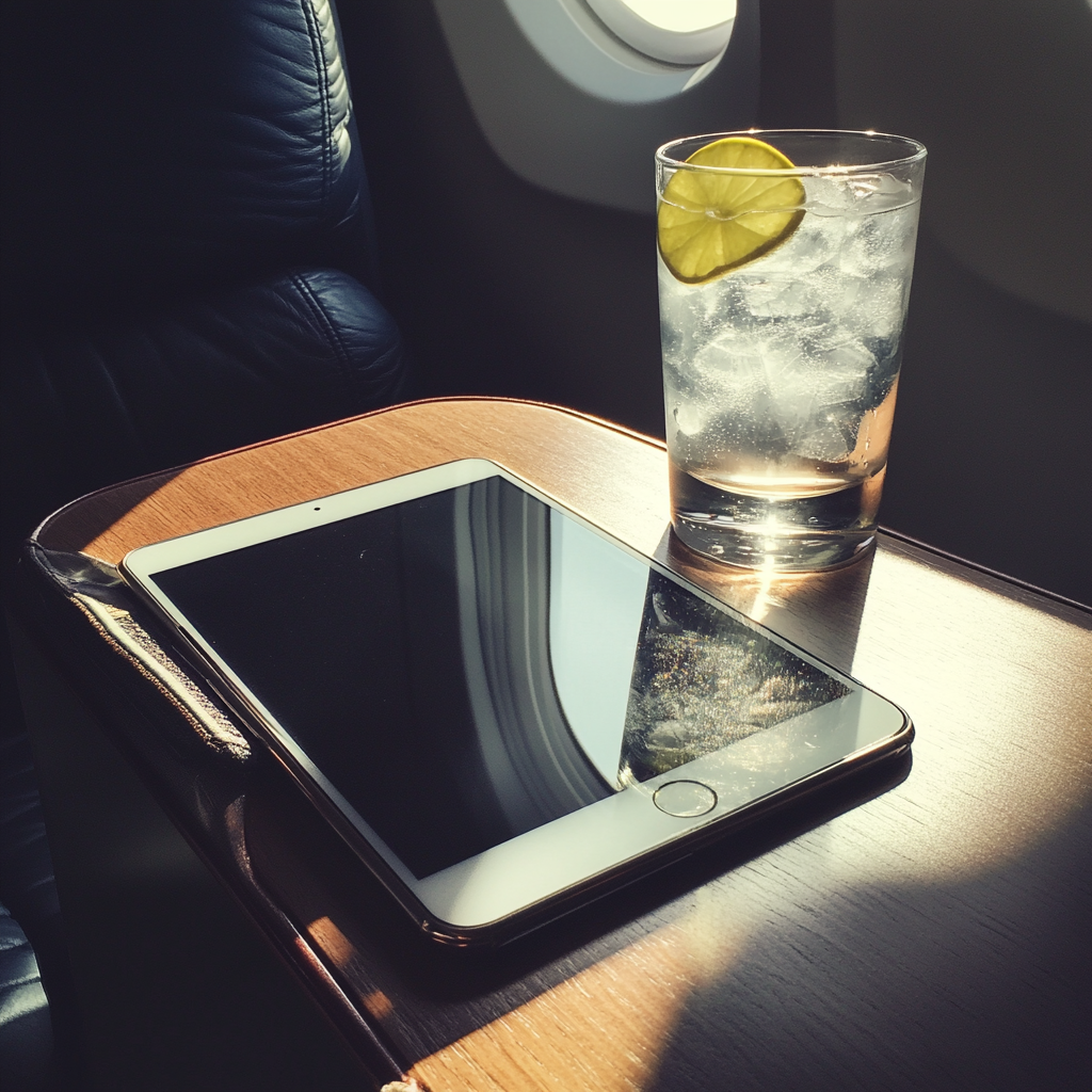 An iPad and a drink on a flight table | Source: no source