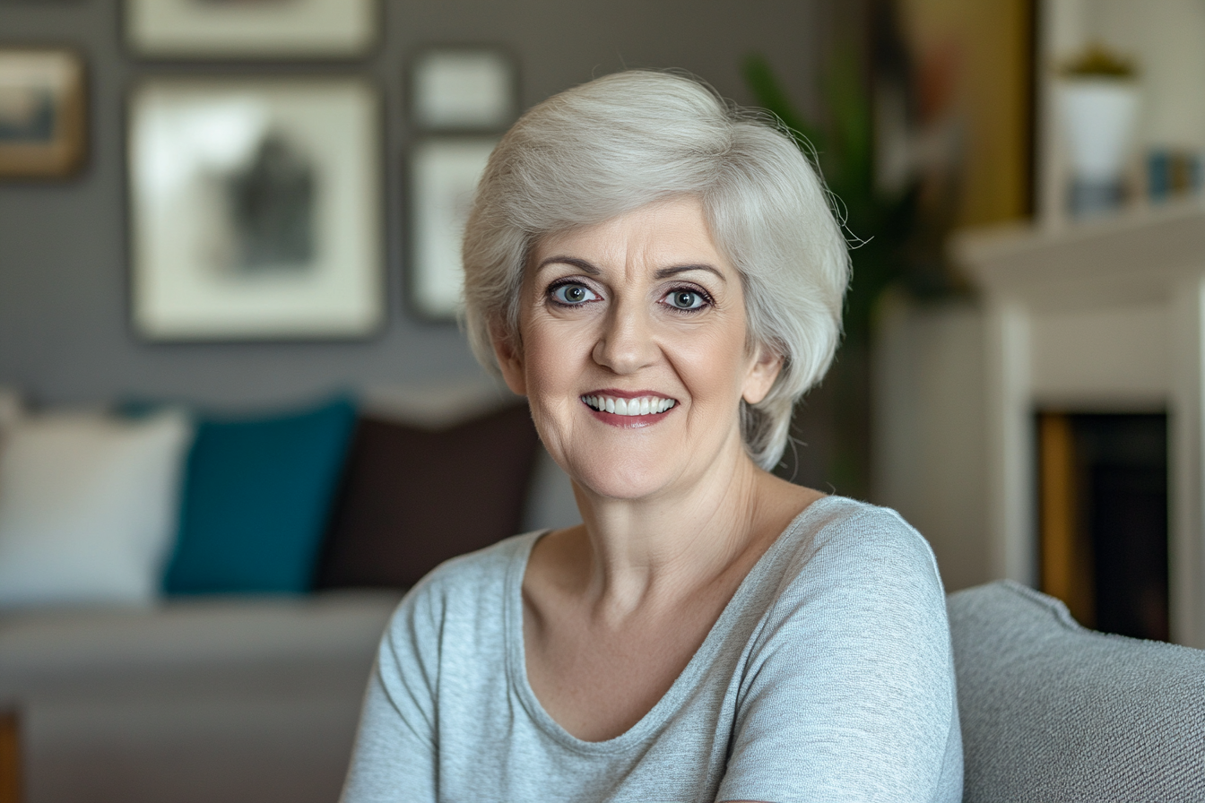 A woman in a living room smiling | Source: no source
