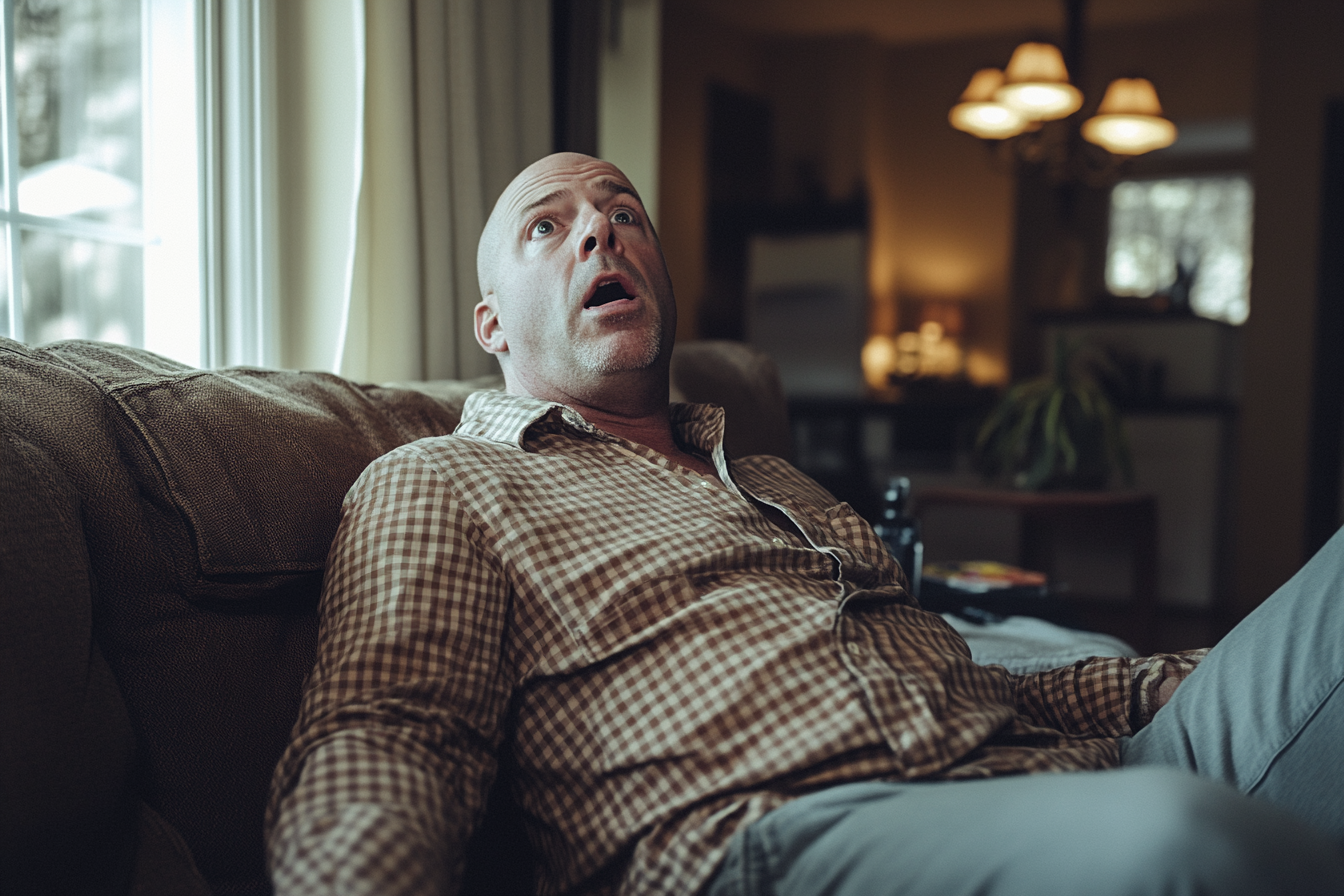 A man sitting on a couch with his mouth open looking offended | Source: No source