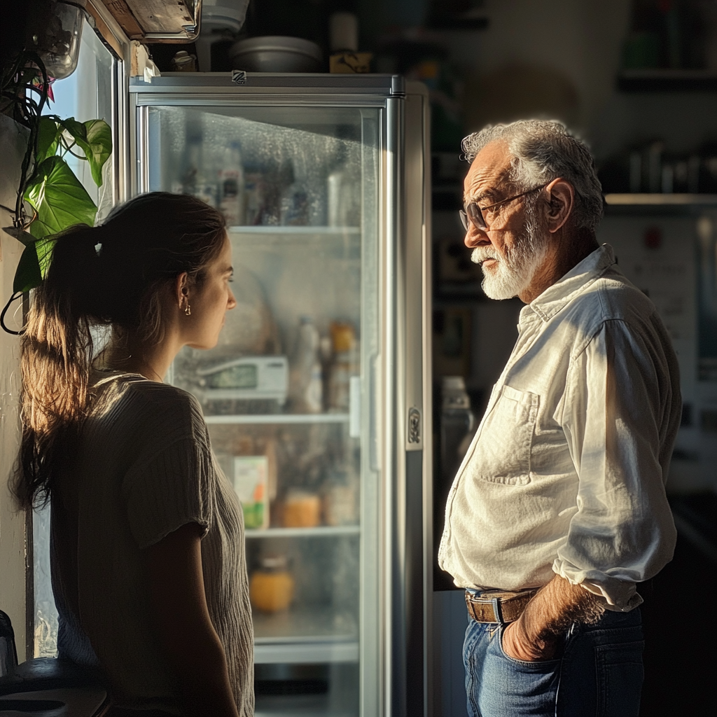 Senior man standing next to the fridge talking to his daughter-in-law | Source: No source