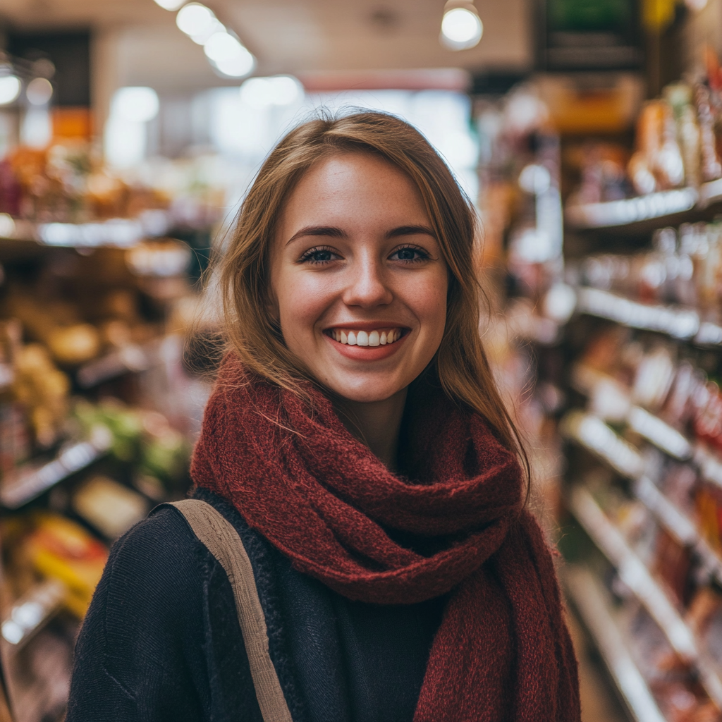 A smiling woman wearing a red scarf | Source: No source