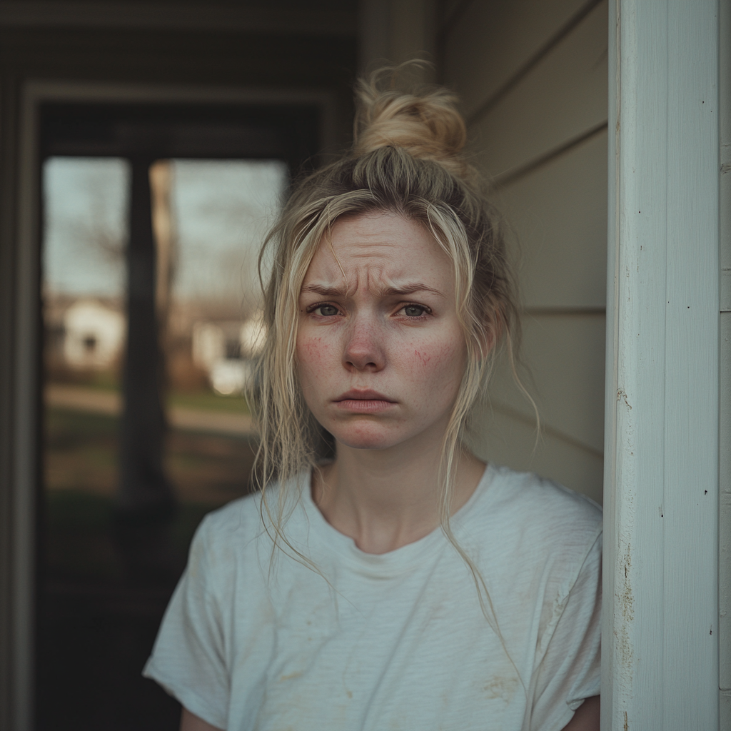 A blonde-haired woman with tired eyes standing on a doorway | Source: no source