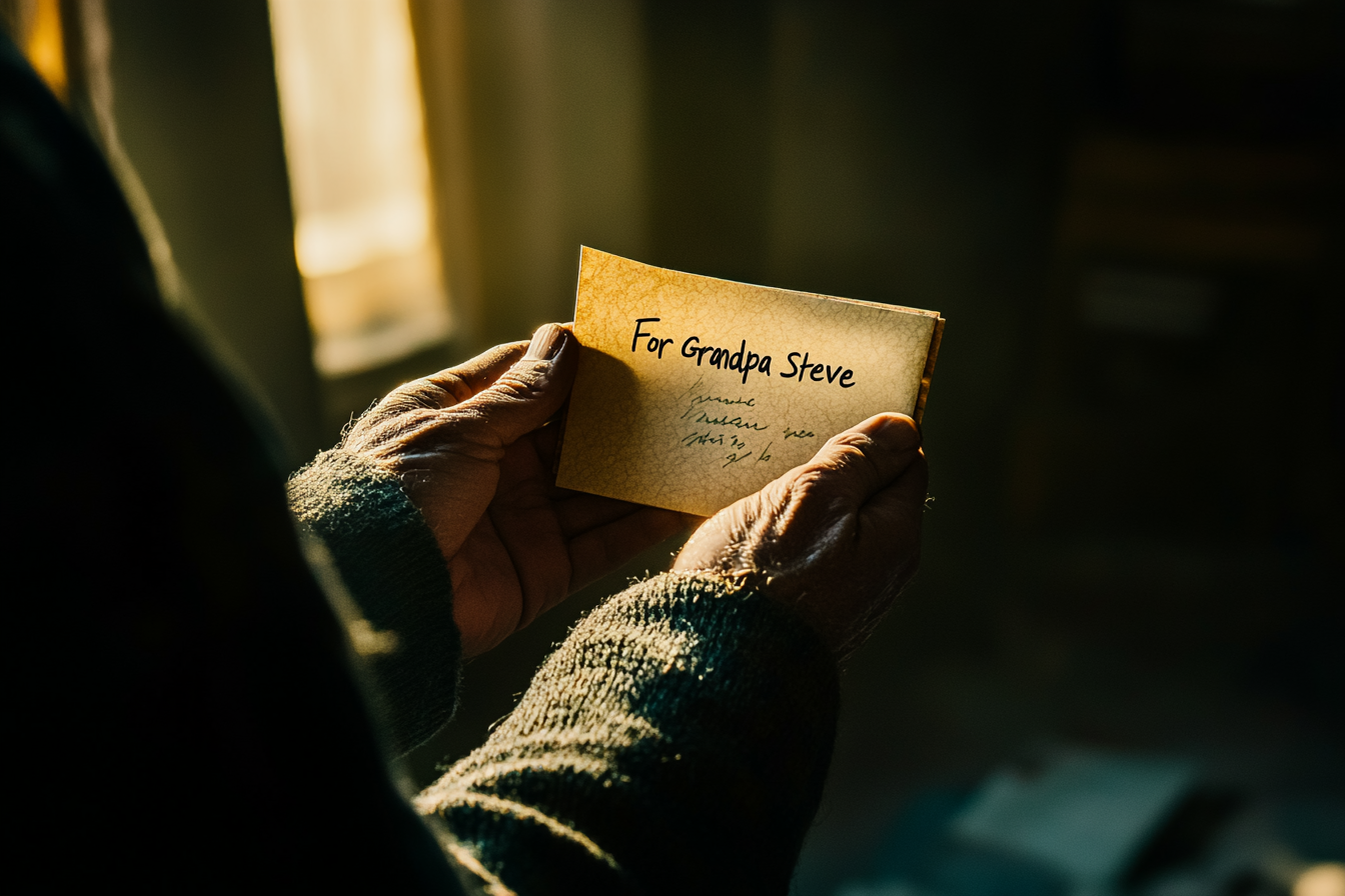 Man holding a letter saying "For Grandpa Steve" | Source: No source