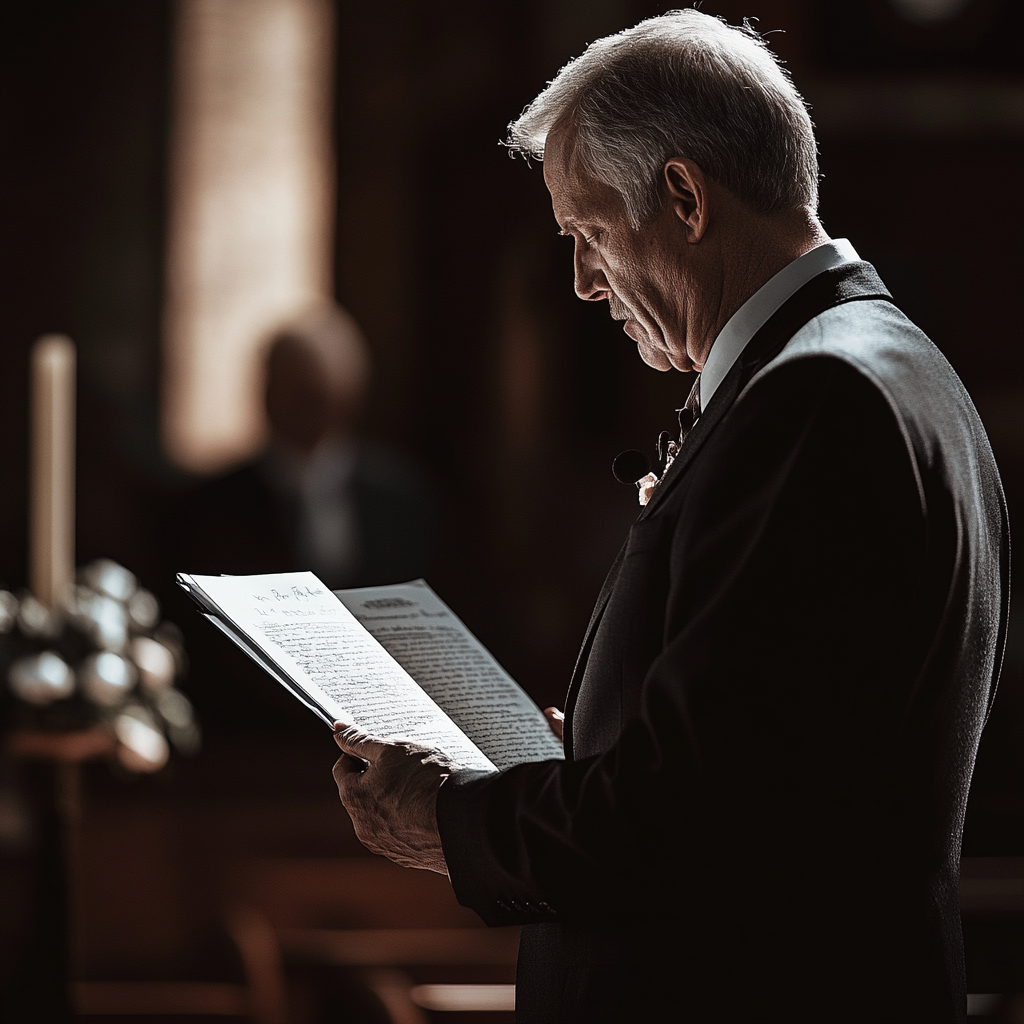 Senior man reading a letter at a funeral | Source: No source