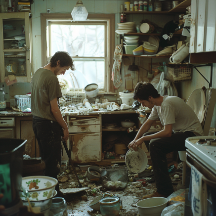 Two men cleaning a filthy house | Source: No source