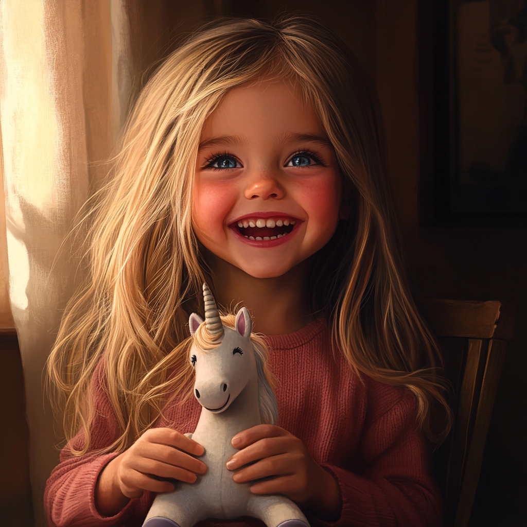 A cheerful little girl holding a unicorn plushie | Source: No source