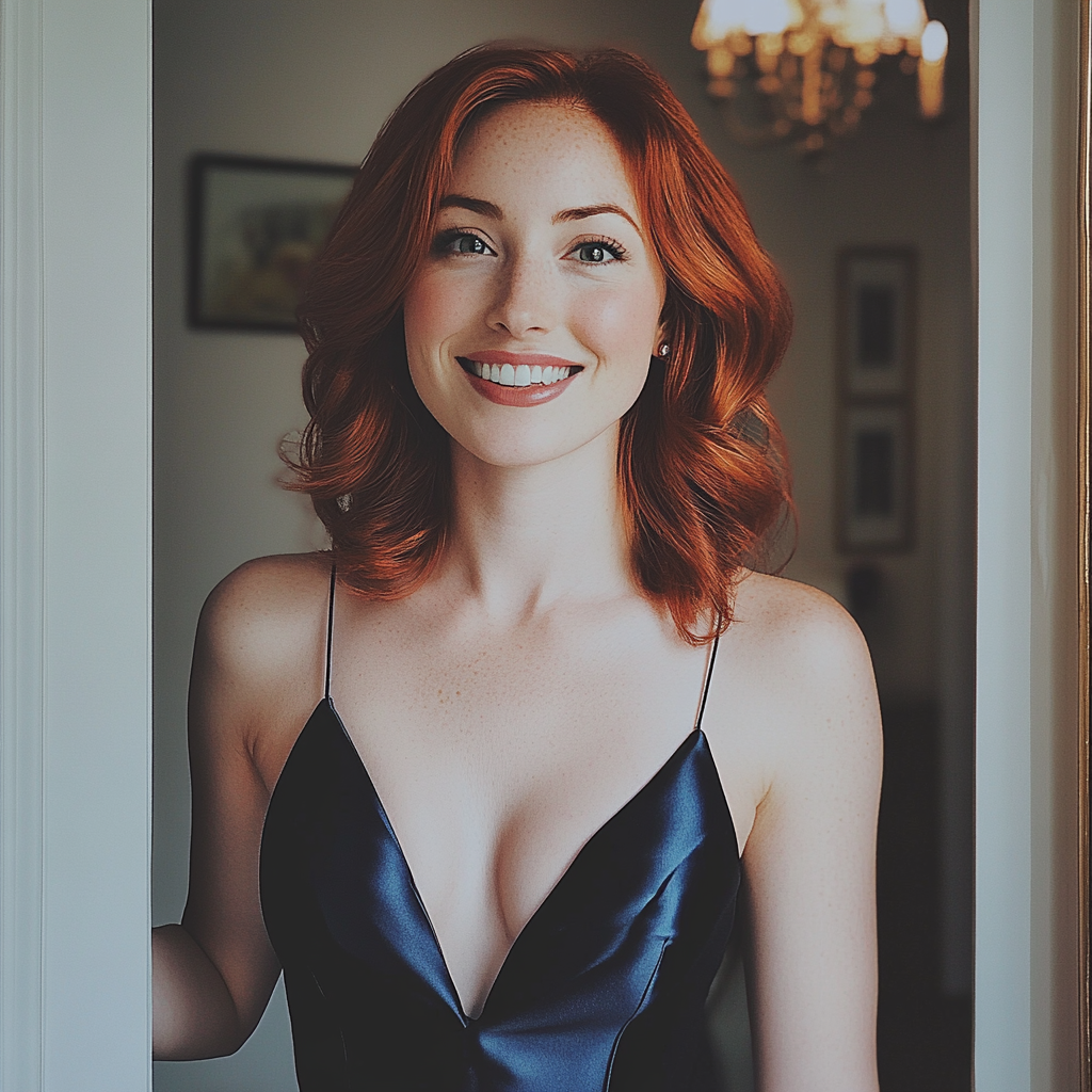 A smiling woman wearing a blue satin dress | Source: No source