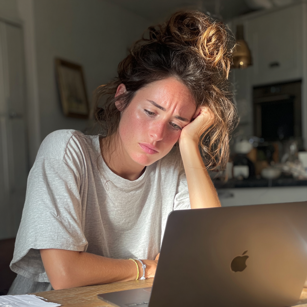 An exhausted woman using her laptop | Source: No source