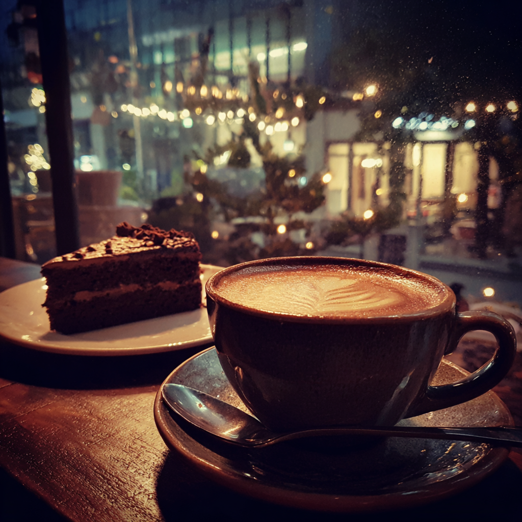 A cup of coffee and a slice of cake in a coffee shop | Source: no source