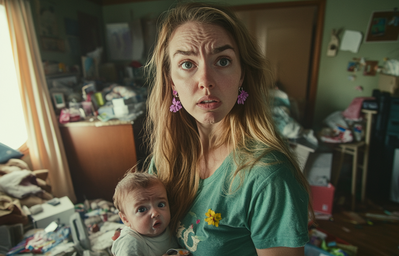 A tired-looking woman in her 30s holding a crying baby in a messy living room | Source: No source