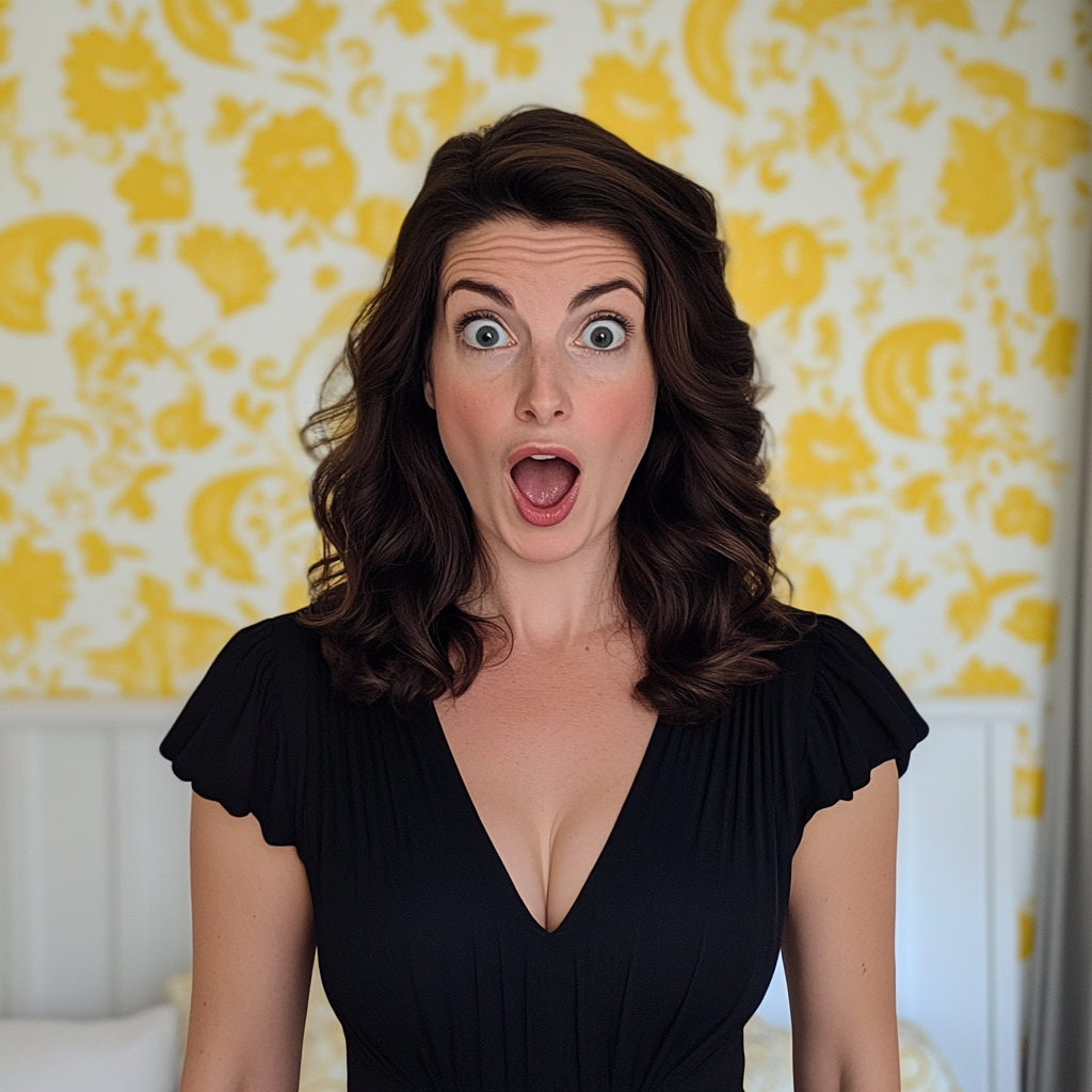 A shocked woman standing in a bedroom | Source: no source
