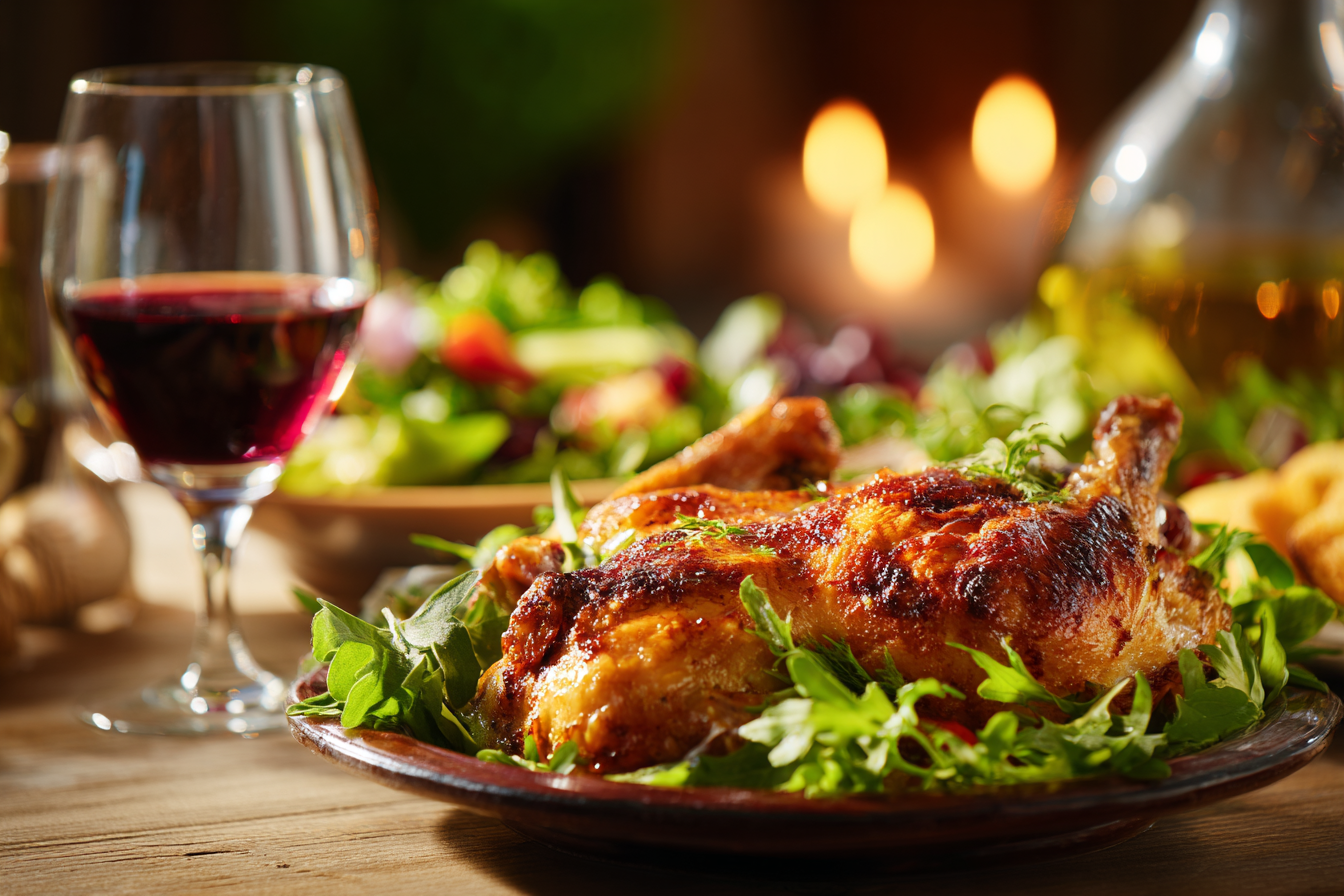 Roasted chicken served with salad and red wine on a dinner table | Source: No source