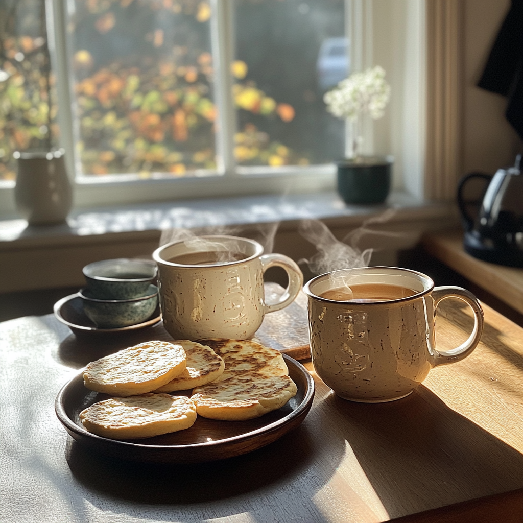 Tea and crumpets on a table | Source: No source