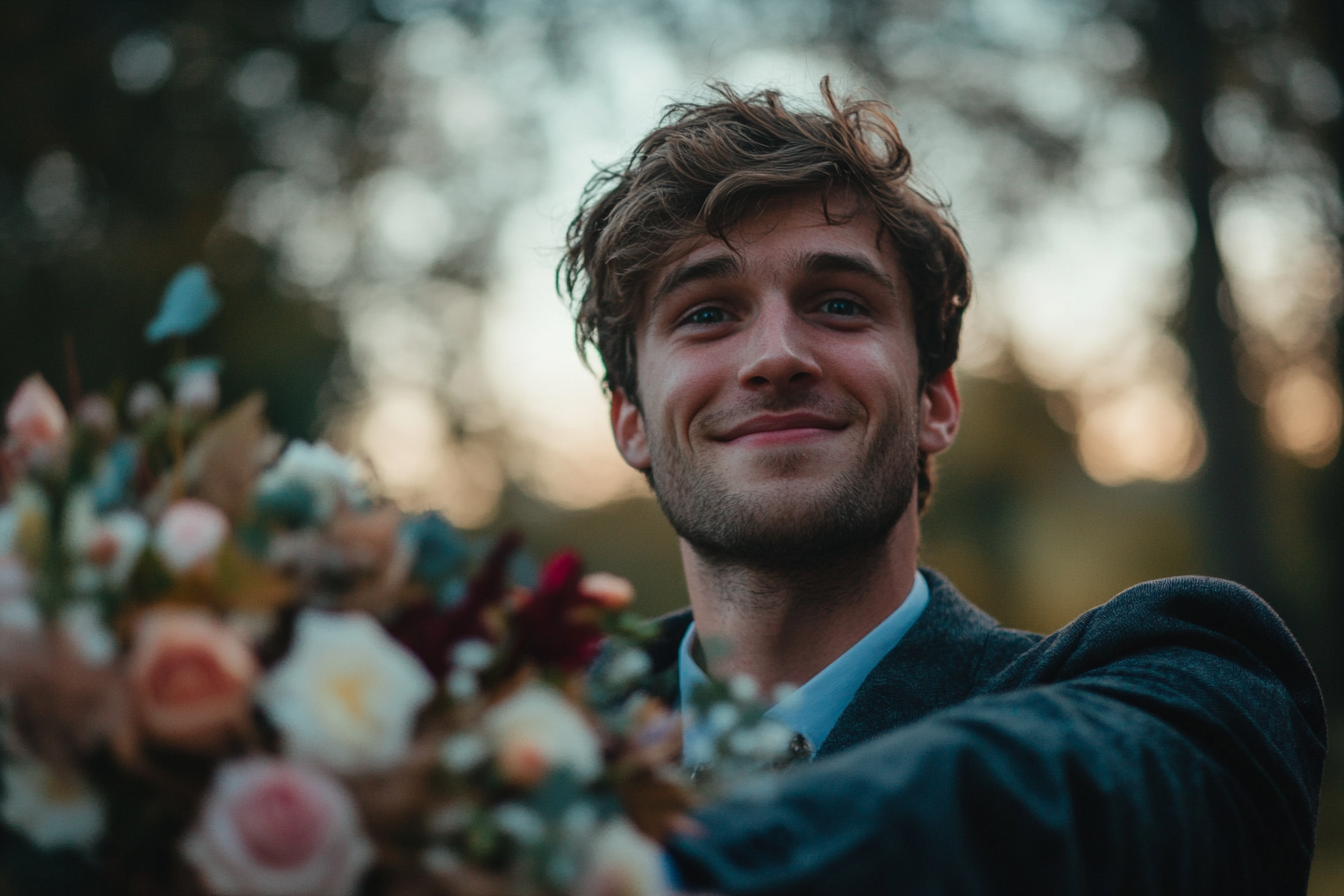 A smiling young man holding out a bouquet | Source: no source