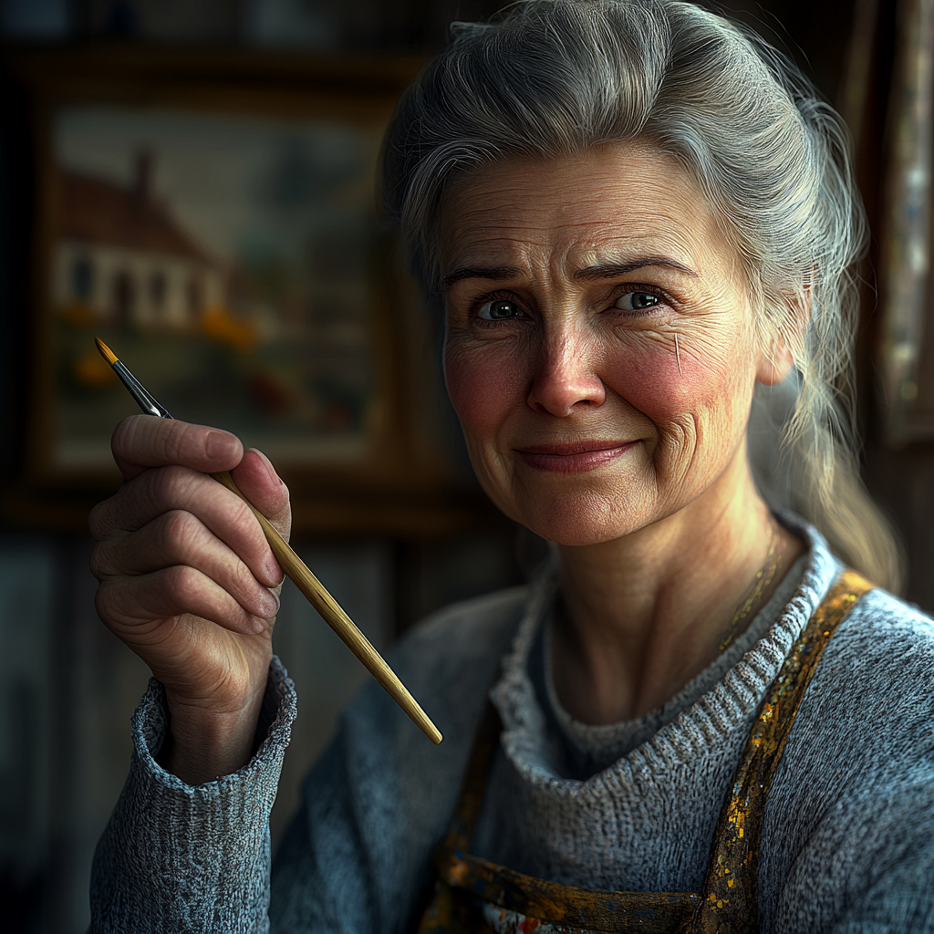 An emotional senior woman holding a paintbrush | Source: no source
