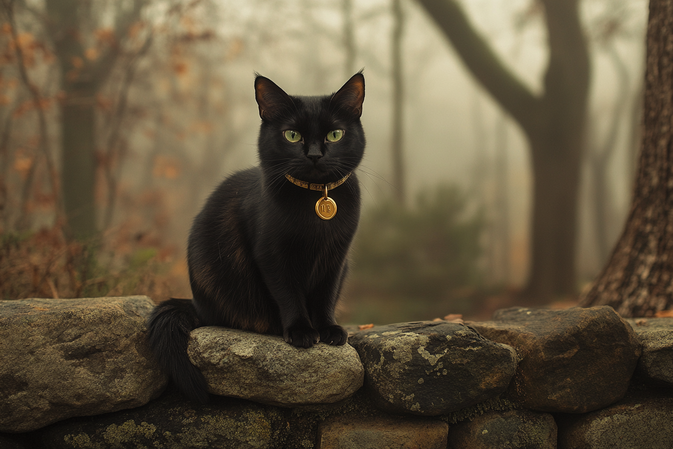 A black cat sitting on a stone wall | Source: no source
