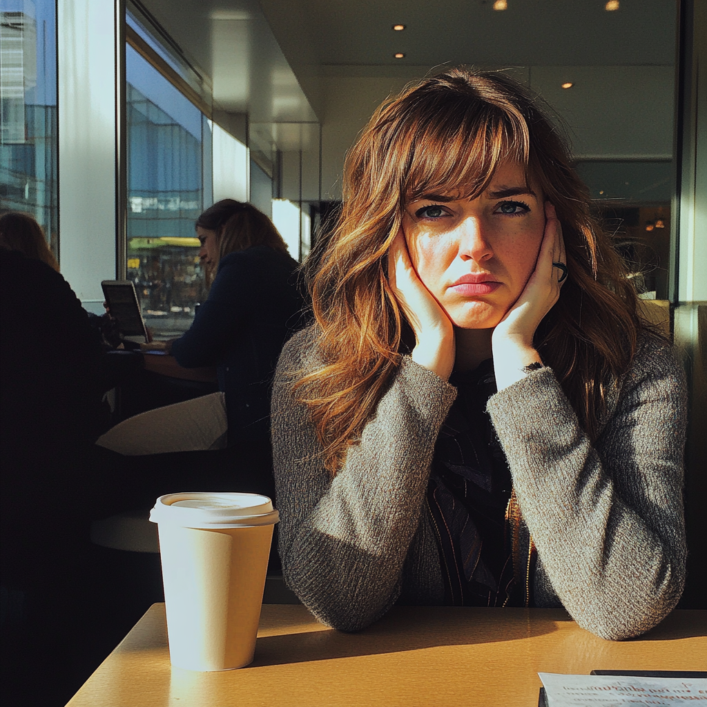 An upset woman sitting at a coffee shop | Source: no source