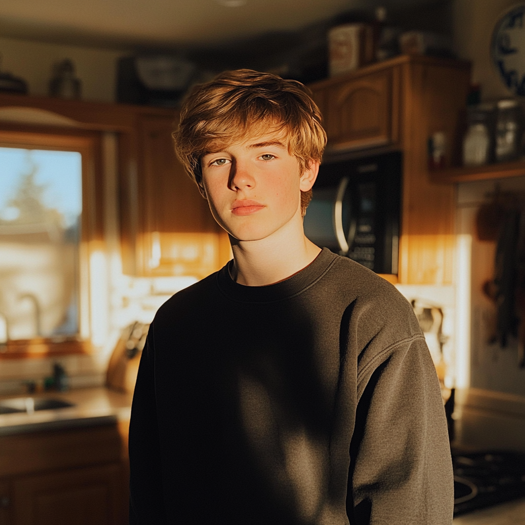 A boy standing in a kitchen | Source: no source