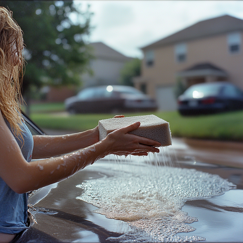 A woman washing a car | Source: No source