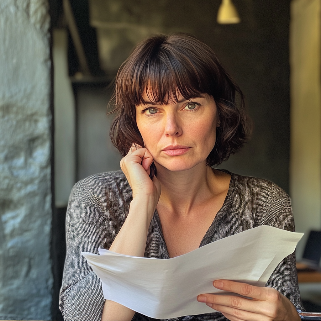 A woman holding a sheet of paper | Source: No source