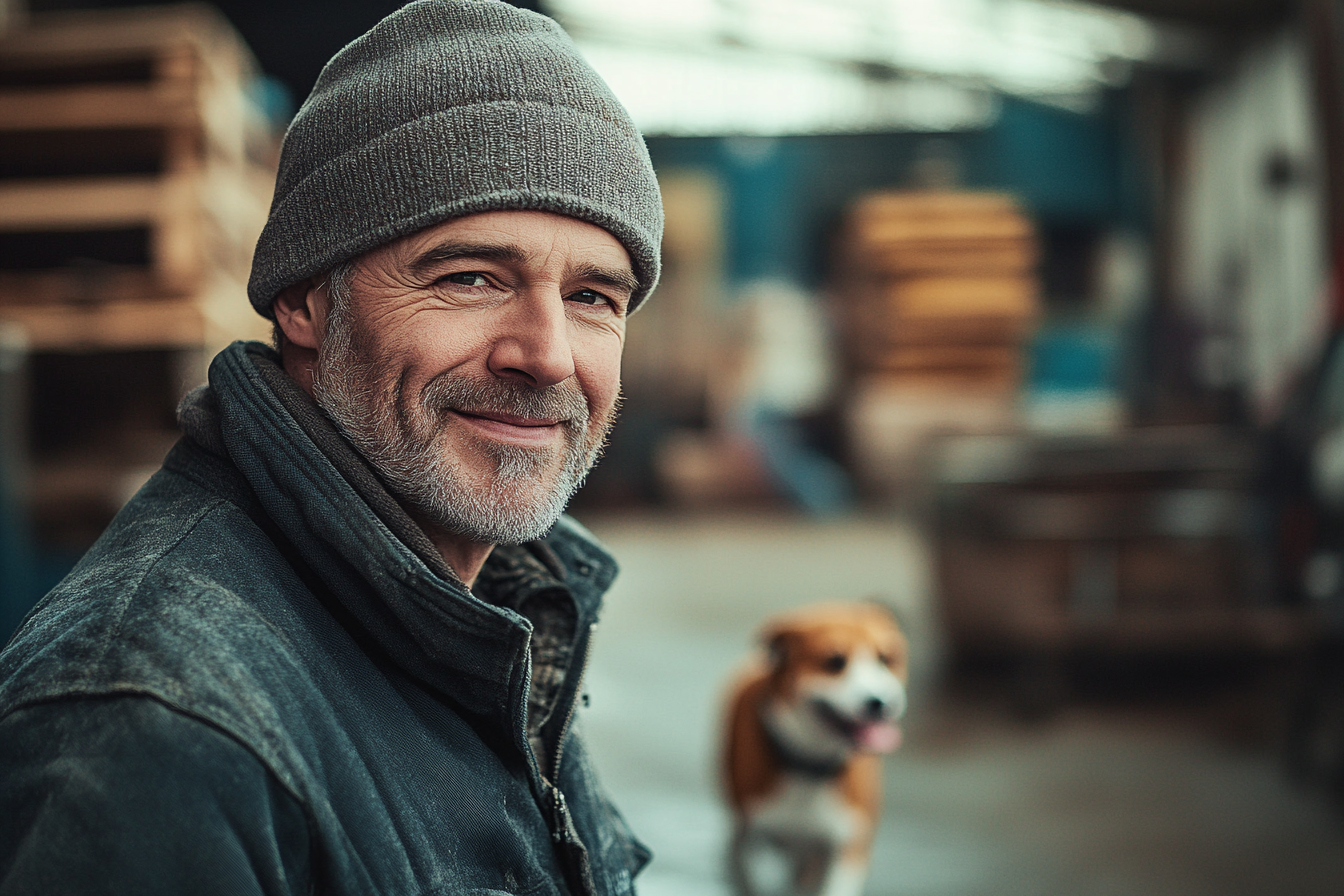 Man in his 50s smiling in a warehouse with a dog running around in the background | Source: No source