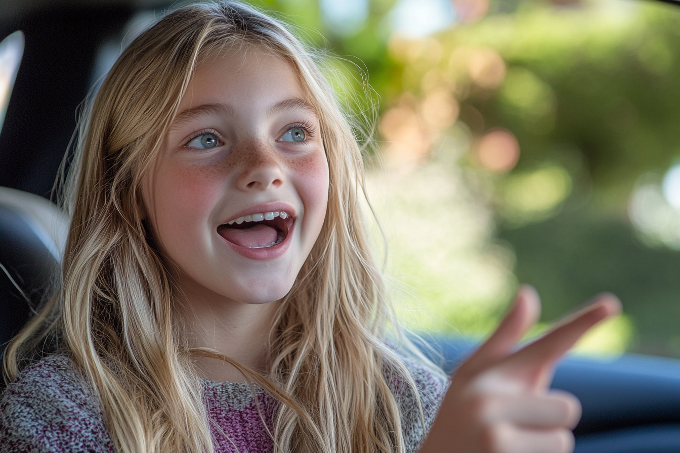A girl speaking excitedly to someone in a car | Source: No source