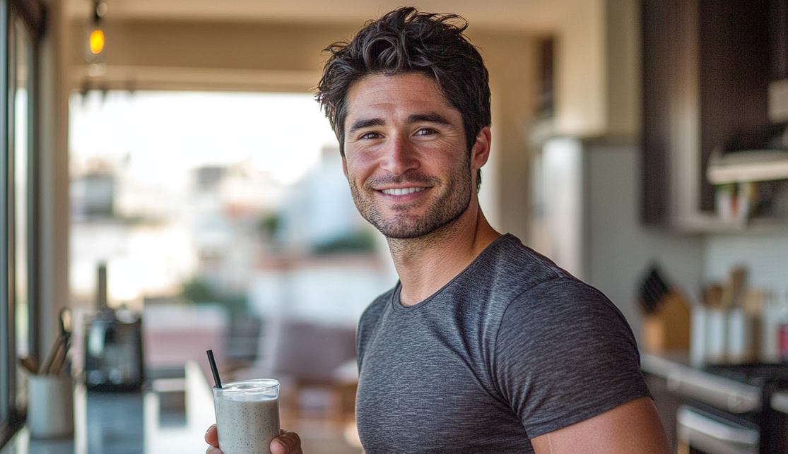 A man in a kitchen holding a drink | Source: No source
