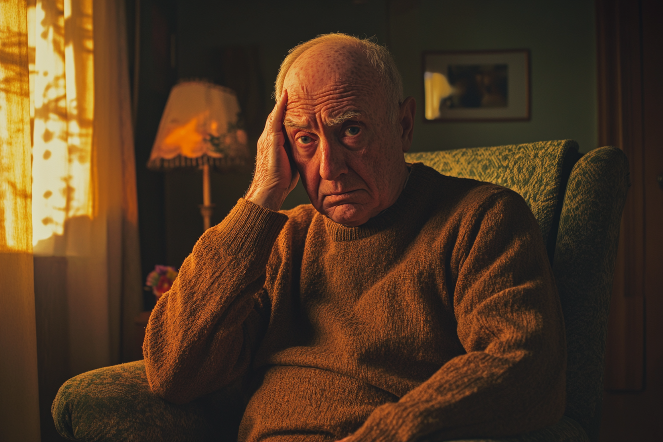 Confused sad-looking man in his 70s sitting in an armchair in a living room | Source: no source