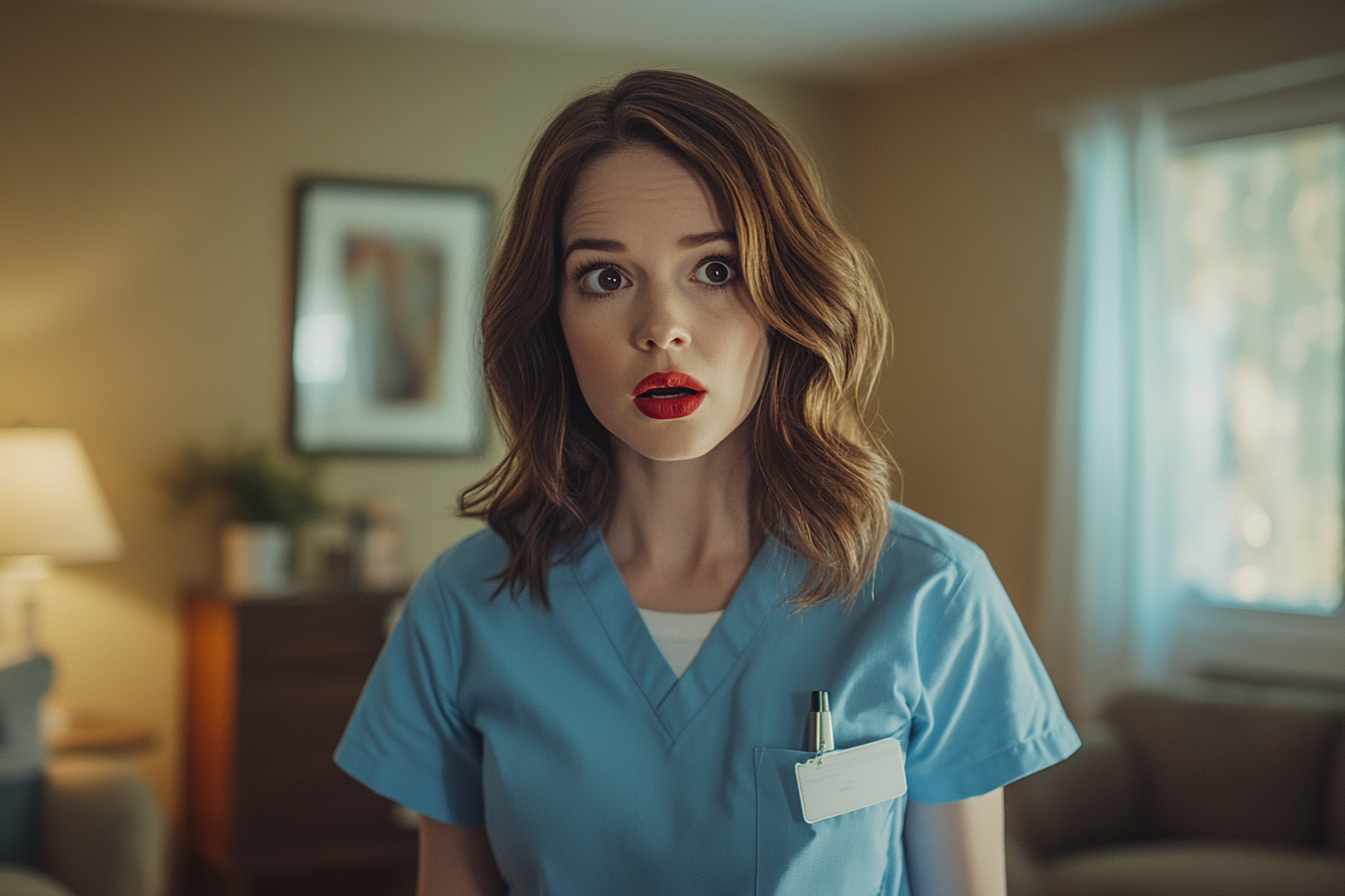 A pale, shocked woman in her 30s with red lips, wearing a caregiver's uniform, stands in a living room | Source: no source