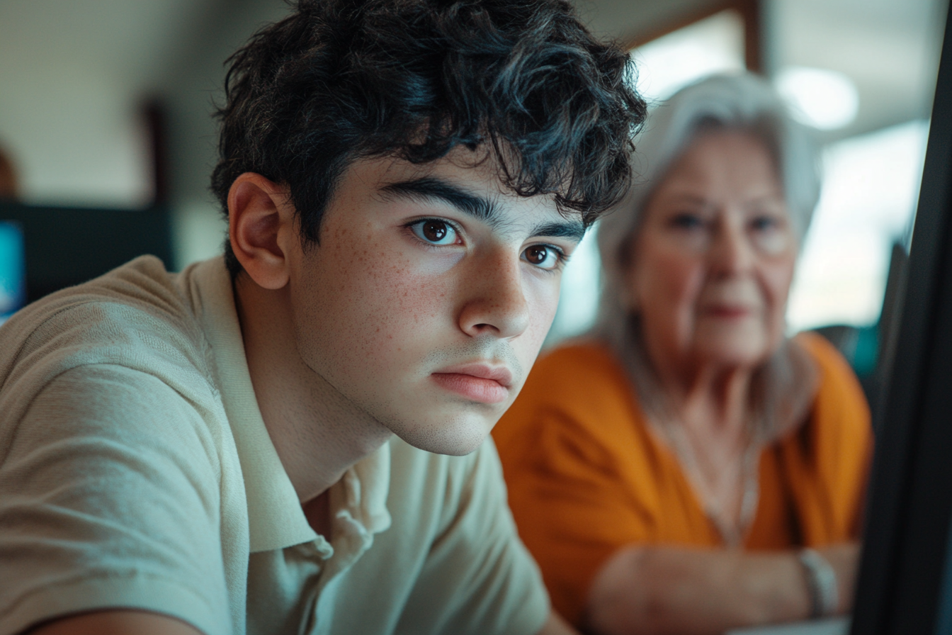 A teen using the computer while an older woman overlooks | Source: no source