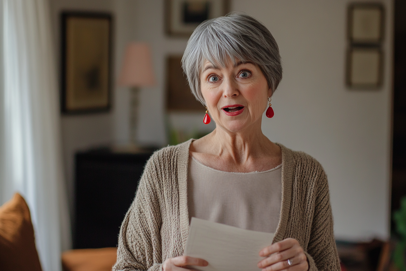 A woman in her 60s looking surprised while holding a piece of paper | Source: No source