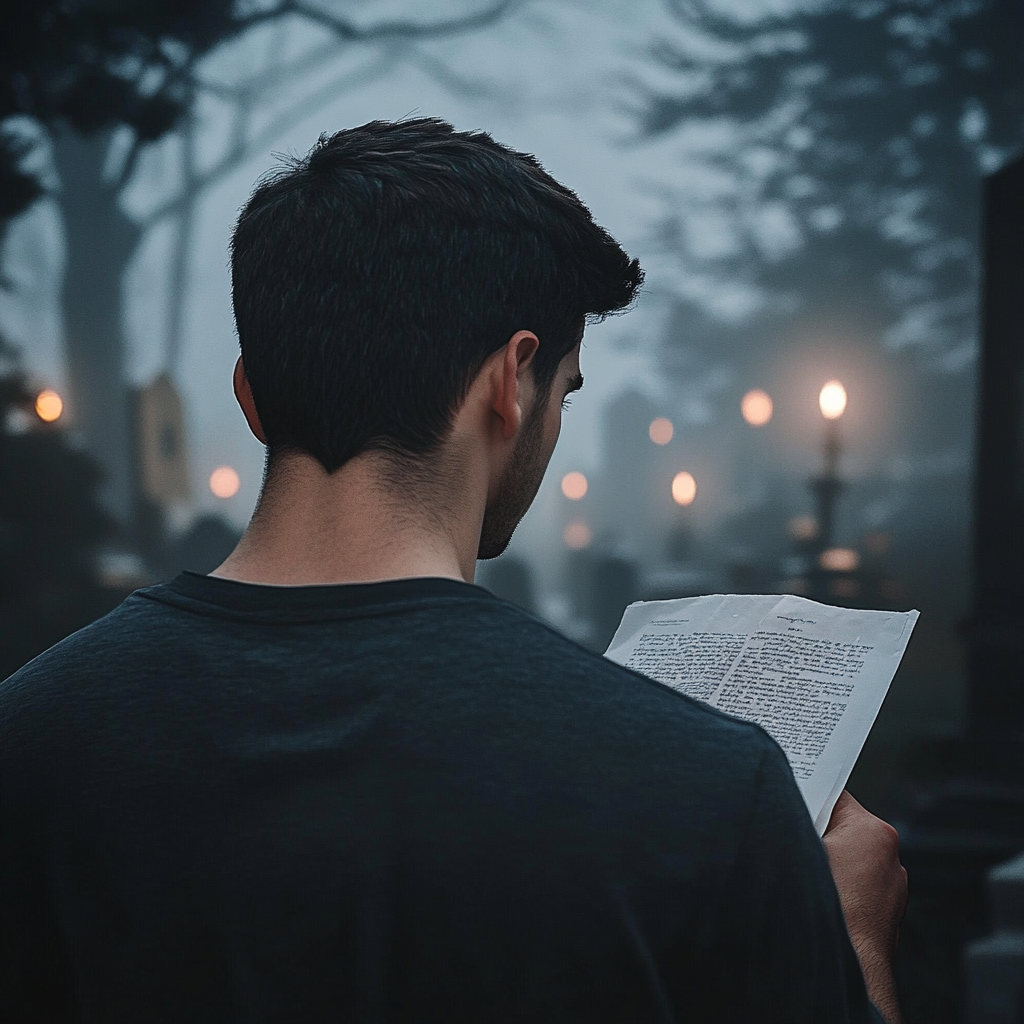 A man reading a letter in a cemetery | Source: No source