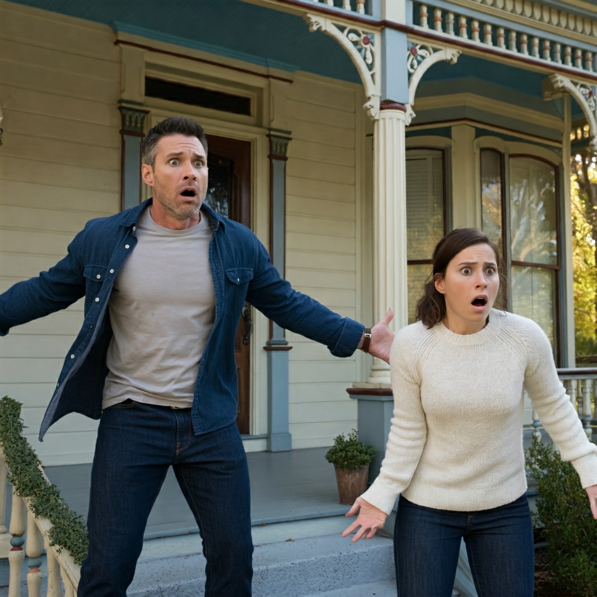 Two people on a front porch, shocked | Source: No source