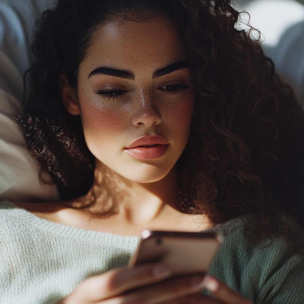 A woman lying on her bed and using her phone | Source: No source