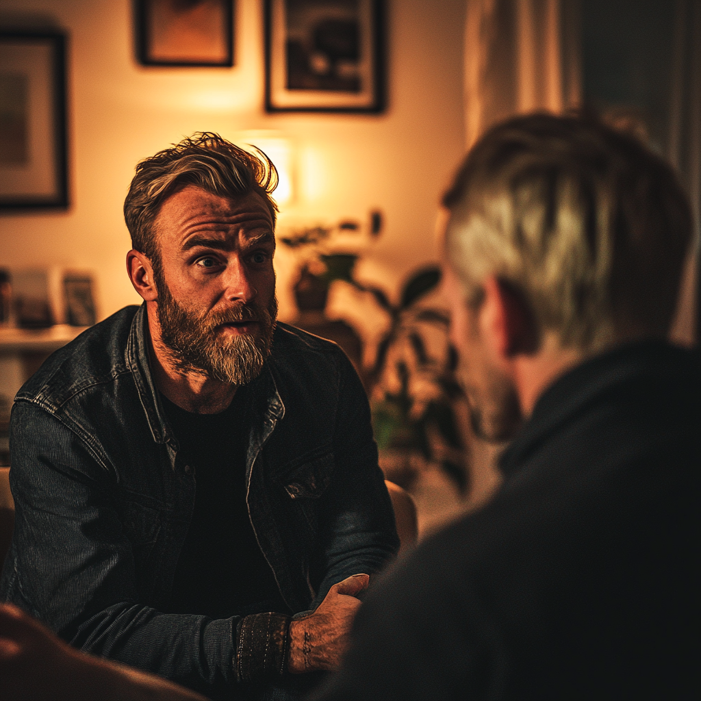 A serious man talking to another man in a living room | Source: no source