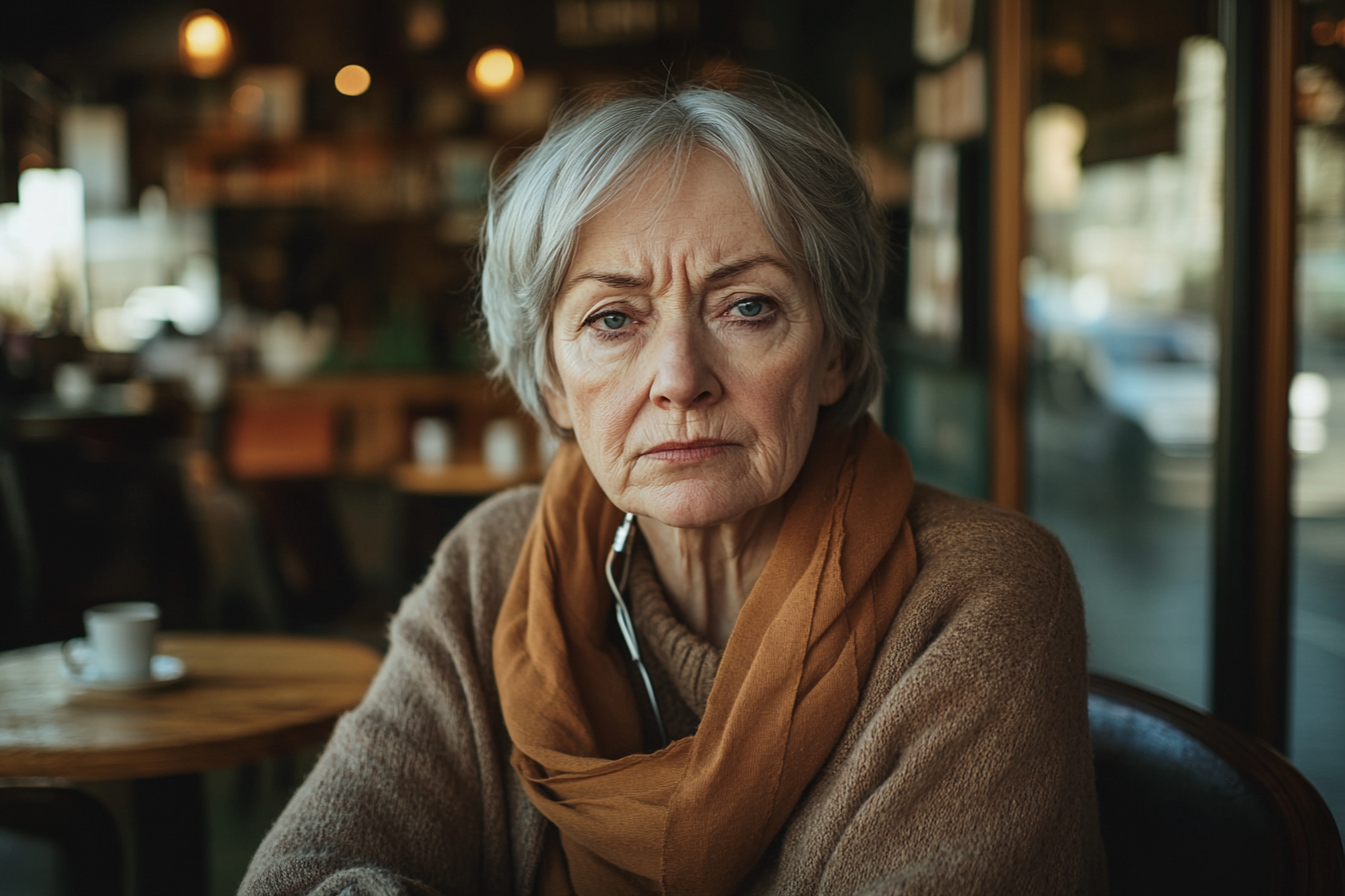 An older woman in a coffee shop, looking sick and fragile | Source: No source