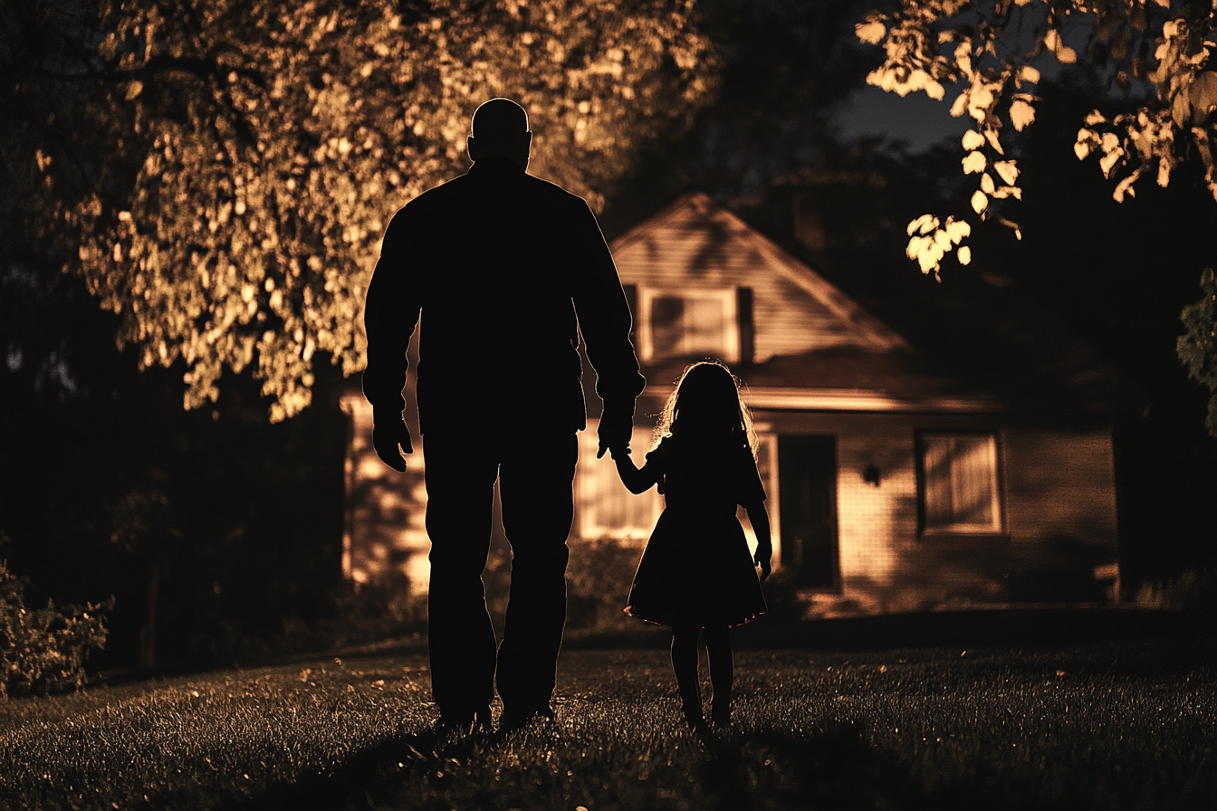 Silhouette of a man and a little girl approaching their house | Source: No source