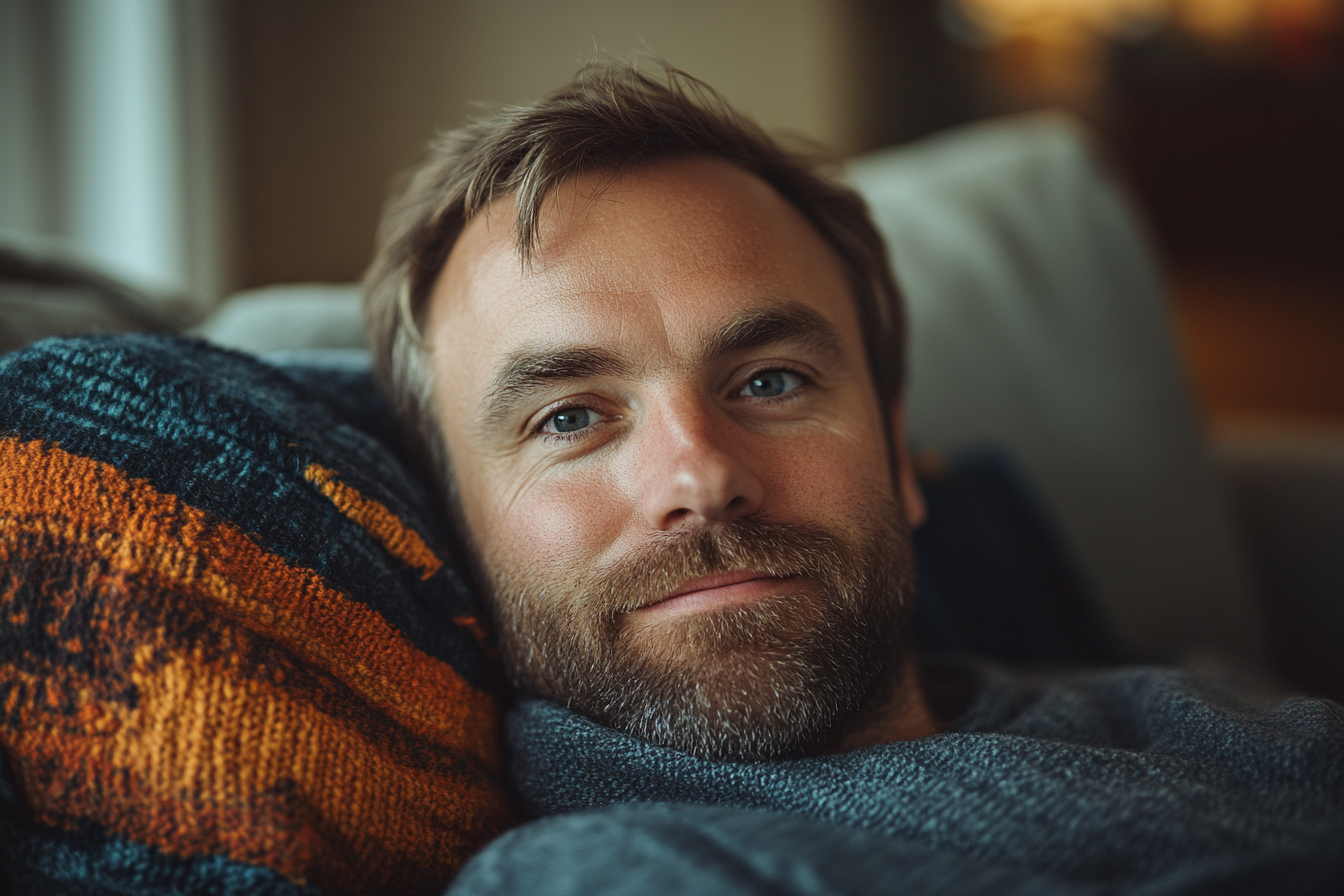 A man with a playful grin, relaxing on the couch | Source: no source
