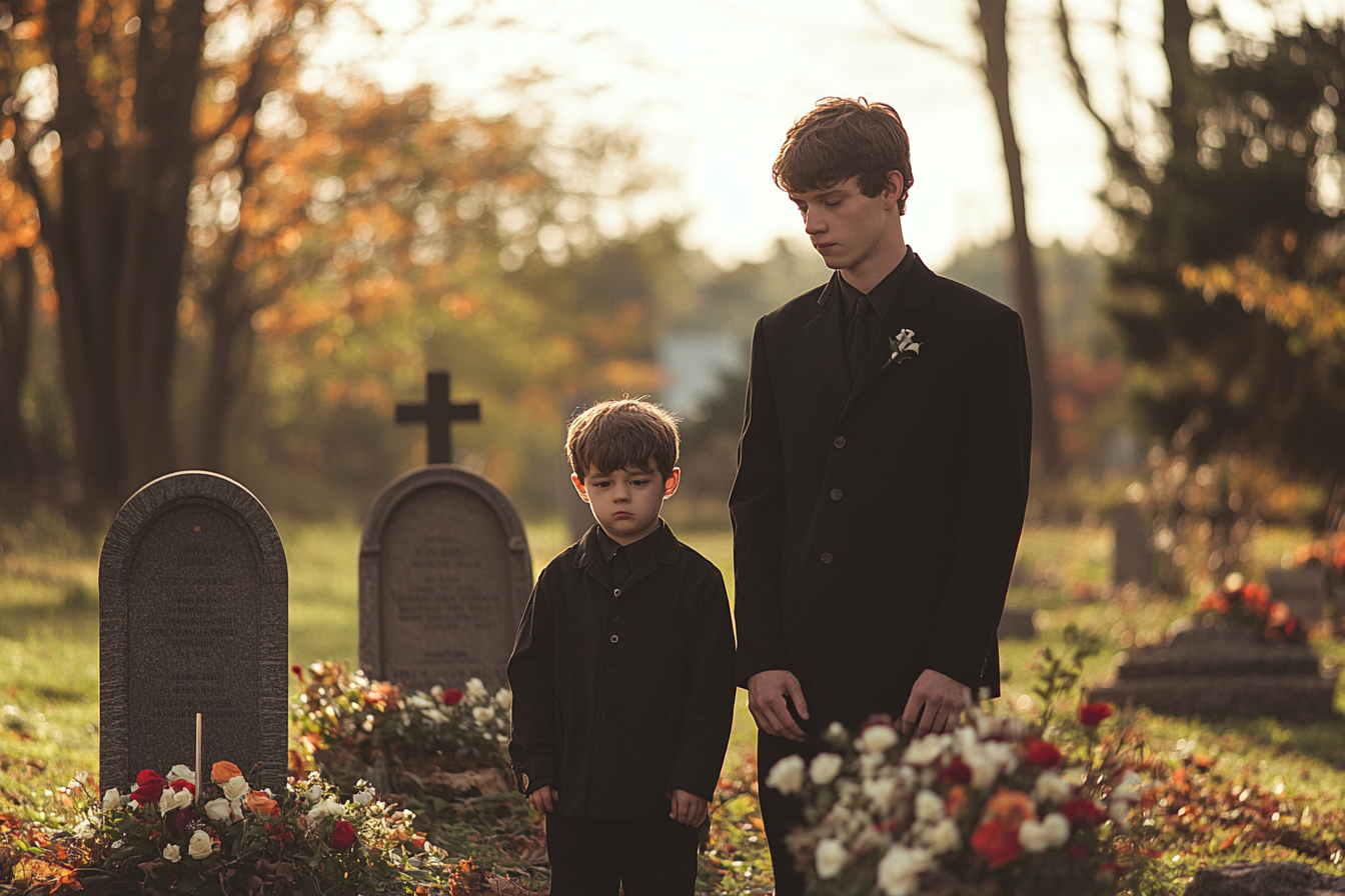 Brothers looking at their parents' graves | Source: No source