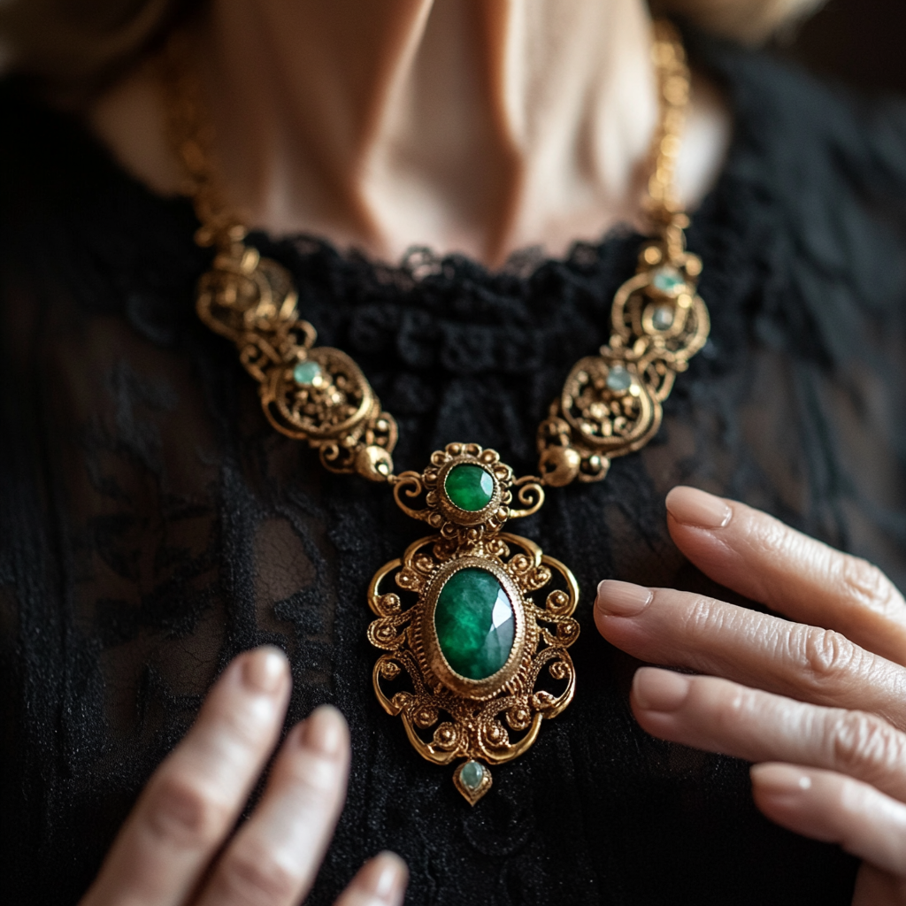 A woman touching a necklace she's wearing | Source: no source