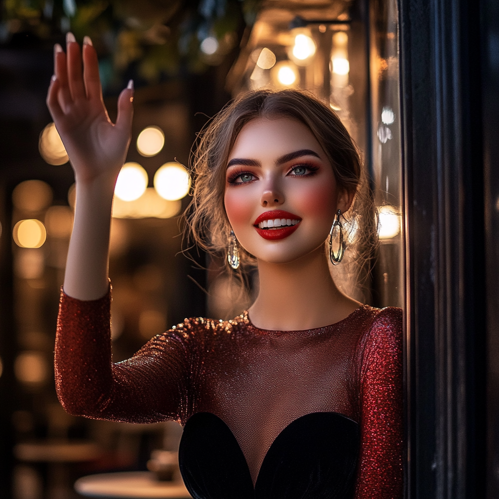 A stylish woman waving her hand | Source: no source
